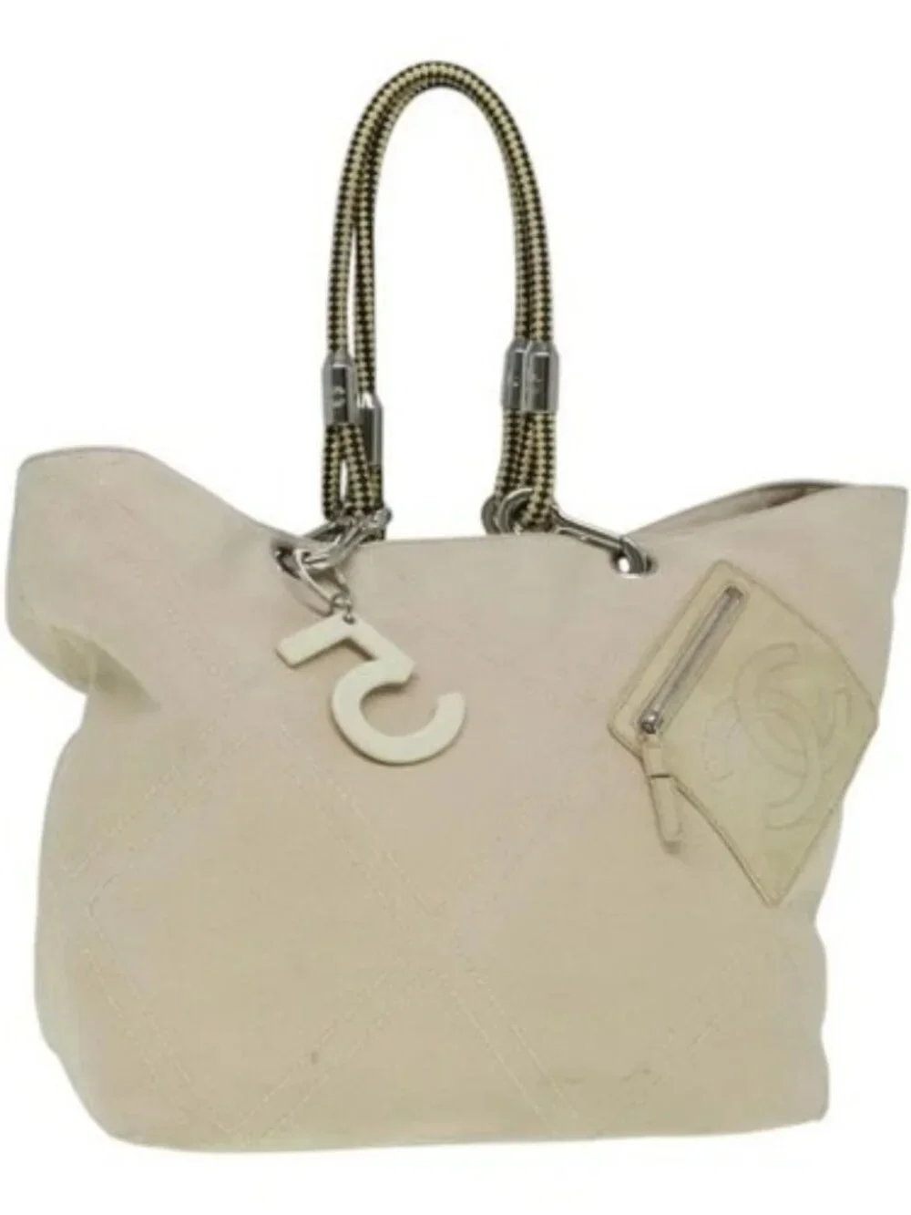 CHANEL COCO Mark Tote Bag Canvas Beige Silver CC Auth bs18464